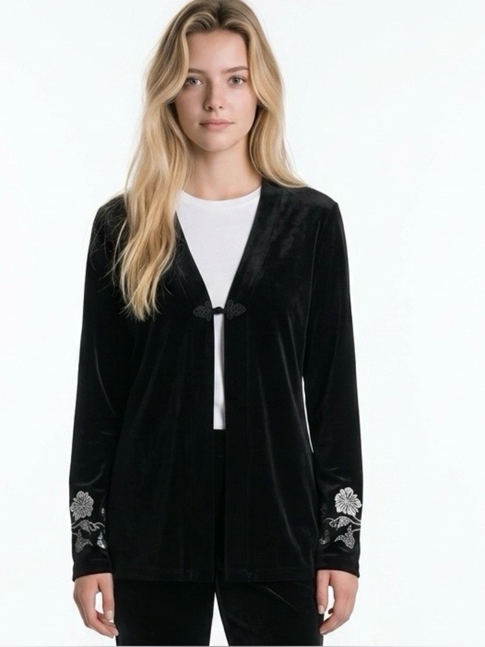 White House Black Market Long Cardigan with Floral Detail Size Medium